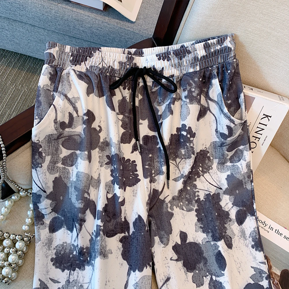 Pantalones holgados con pintura de tinta para mujer, Pantalón recto de cintura elástica, informal, retro, talla grande, primavera y otoño, novedad