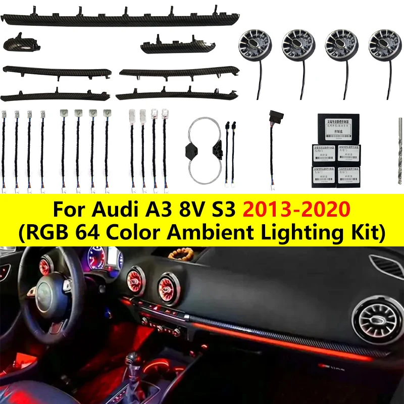 25 in 1 RGB Ambient Lighting Car Kit For Audi A3 8V 13-20 With Air Outlet Dashboard Door Decoration Atmosphere Lamp MMI Control