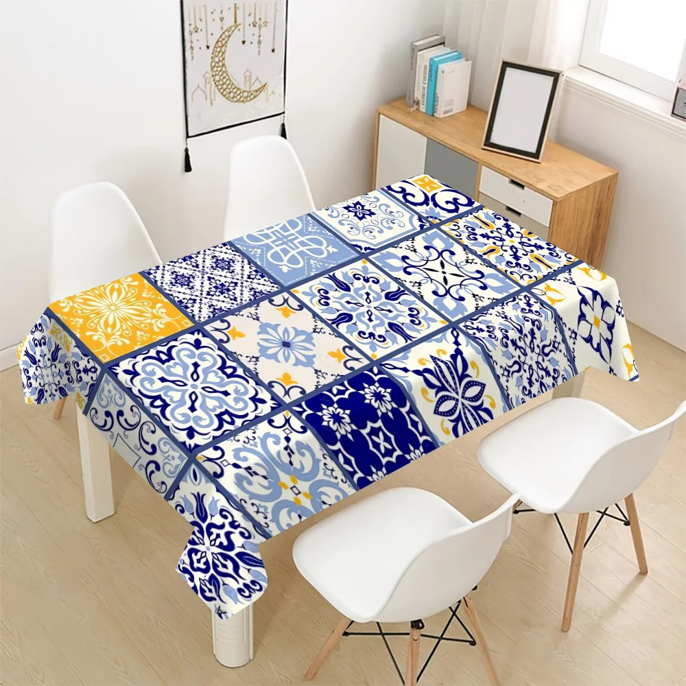 Mediterranean Tile Tablecloth, Blue Yellow Azulejo Floral Print, Washable Table Cover,Vintage Portuguese Style Dining Room Decor