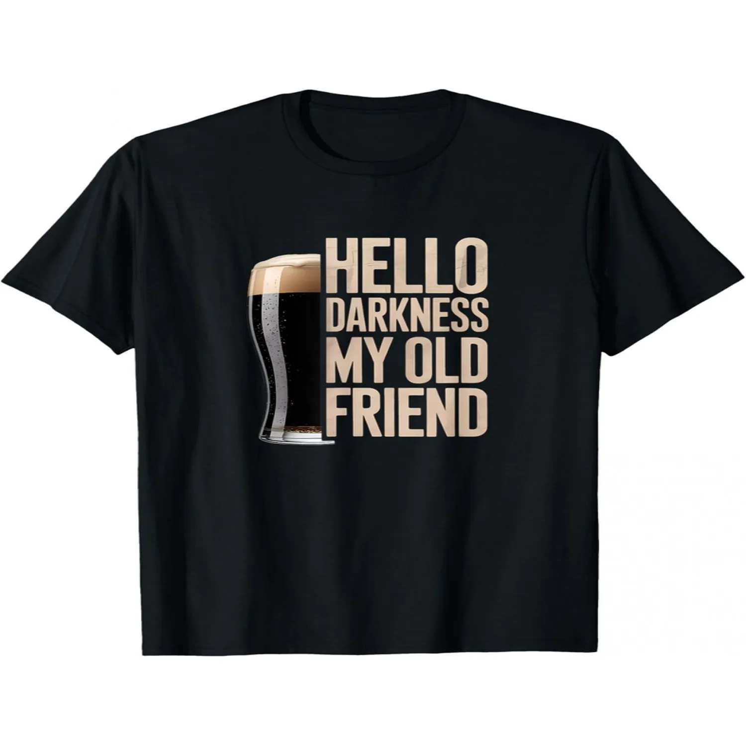 Men'S Humorous Beer-Themed T-Shirt - Special Design _Hello Darkness My Old Friend_ with Stout Beer Pattern, Black Base with White And Brown Beer Mug Design, Casual Round Neck Tee, Perfect for Cra Retro Graphic Shirt, Holiday Tshirt