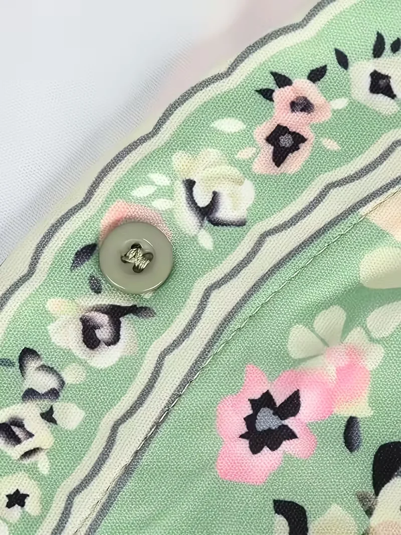 여성용 보헤미안 플로럴 프린트 드레스 - 브이넥, 긴 소매, 무릎 길이, 벨트 포함, 루즈핏, 플리츠 디자인, 봄에 딱 맞습니다