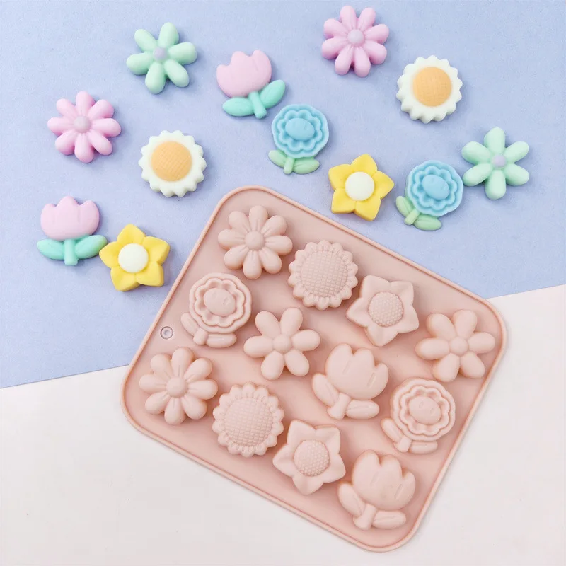 12 Silicone Molds with Different Flower Shapes, Sunflower and Tulip Epoxy Resin Molds, Cake Decoration Molds Baking Accessories