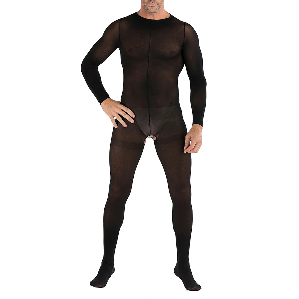 

Sexy Lingerie Men Long Sleeved Sheer Bodysuit Jumpsuit Sissy Crotchless Full Body Stockings Nightclubs Men's Full Body Stockings