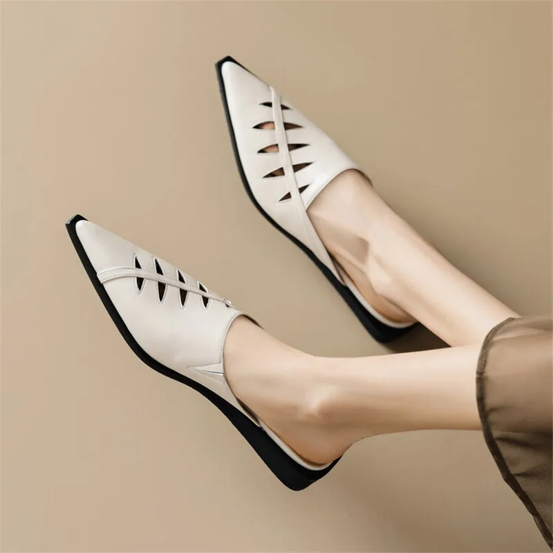 2023 Summer Slippers Women Pointed Toe Hollow Out Slippers Sandals Low Heel Mules Split Leather Shoes for Women Handmade Shoes