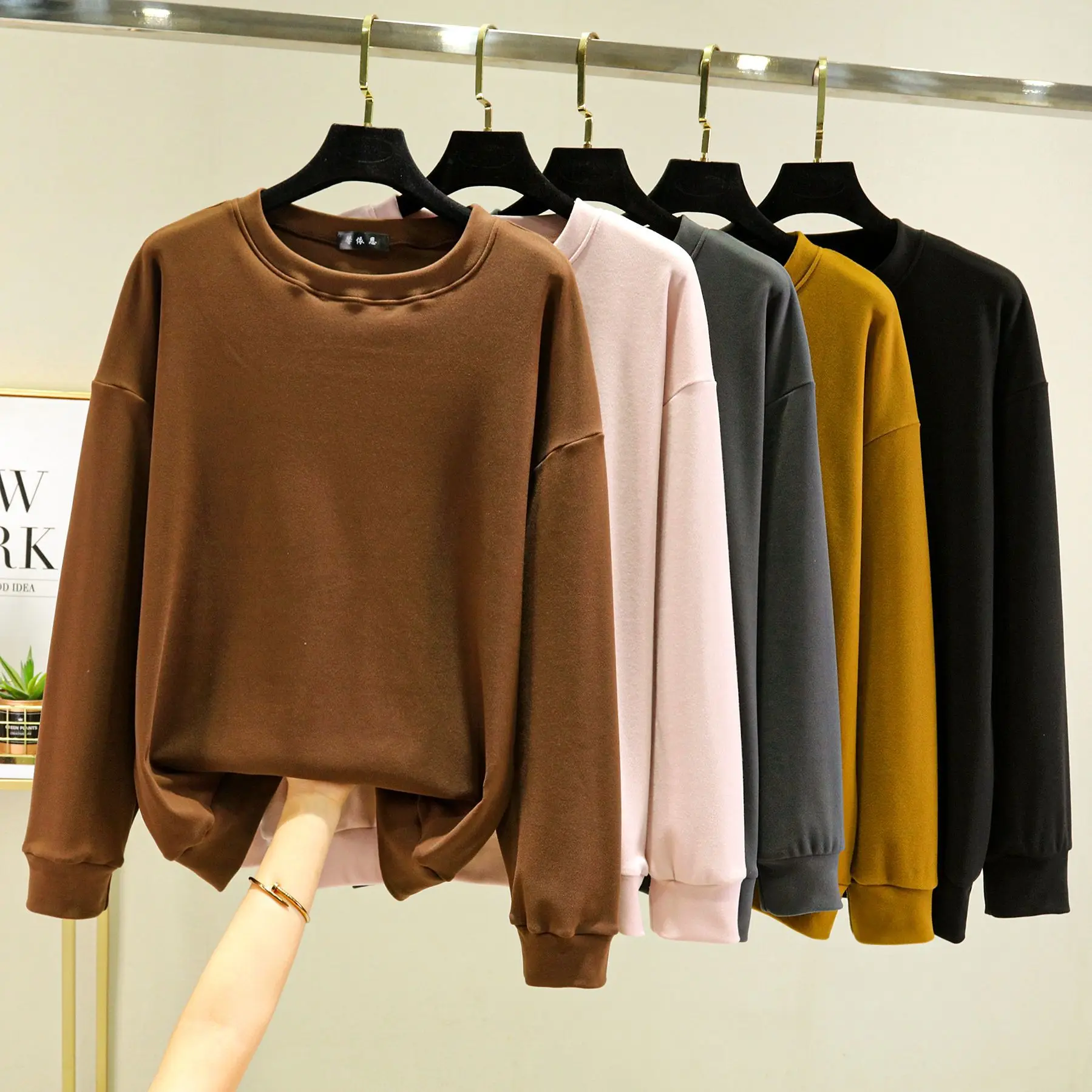 Dralon Loose Hoodies O Neck long sleeves Winter Autumn Thick fleece sweatshirt warm Pullovers Solid color all match