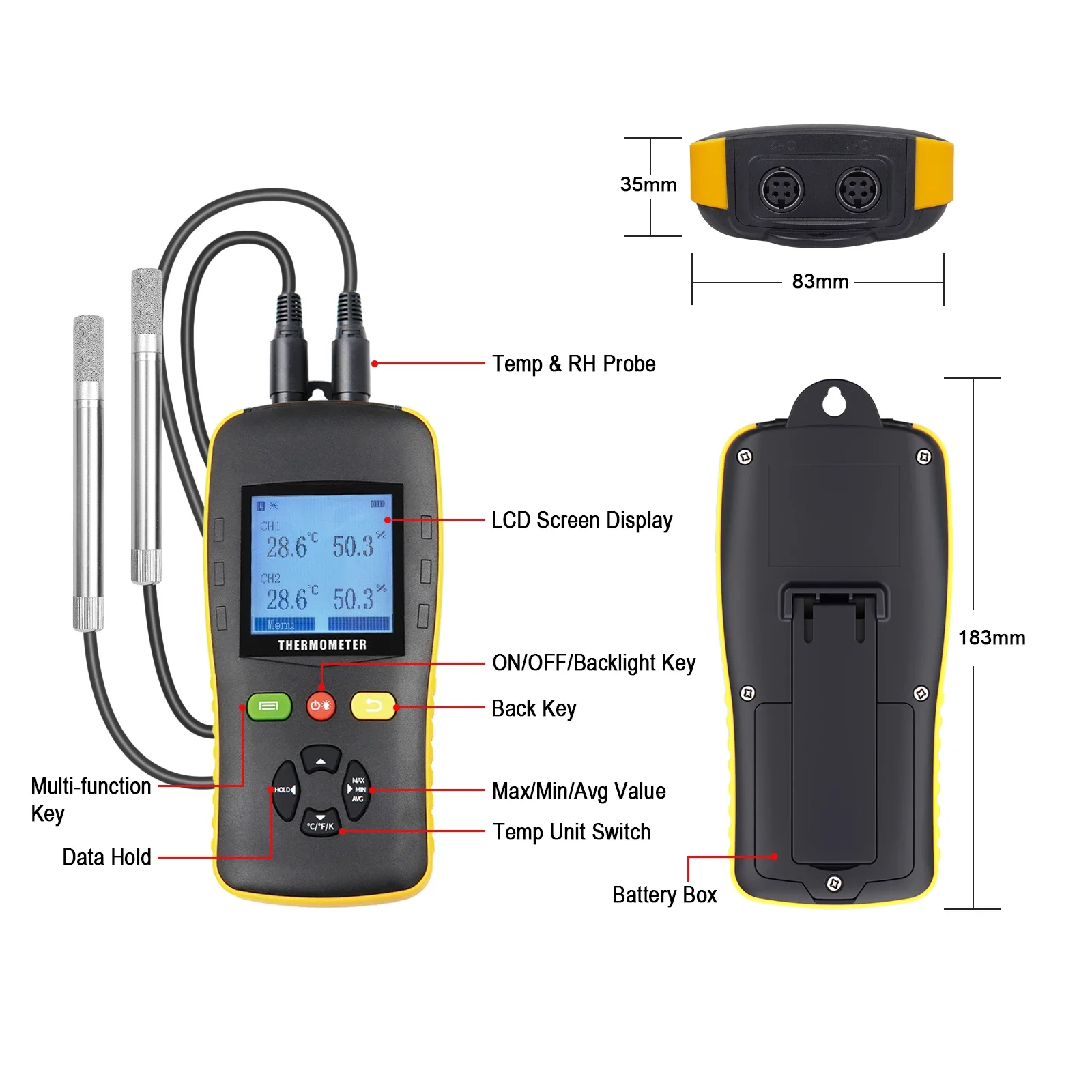 Factory sale digital dual channel thermometer and hygrometer with SHT45 sensor probes for industrial application