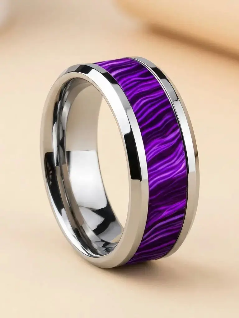 8MM Paarse Heren Abalone Shell Inlay Ringen Goudkleurige Roestvrijstalen Ringen Bruiloft Verlovingsfeest Roestvrijstalen Sieraden - afbeelding 1