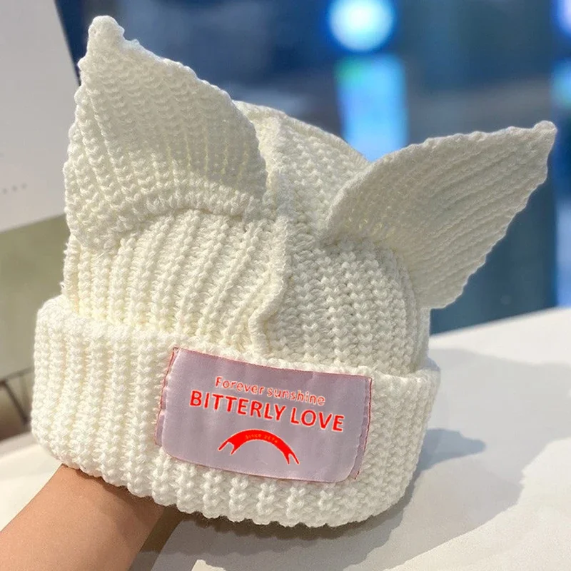 Cute Cat Ear Knitted Wool Hat Women Fashion Hooded Cap Beanies Winter Warm Pig Ear Woolen Hats Design Kpop Personality Bonnet