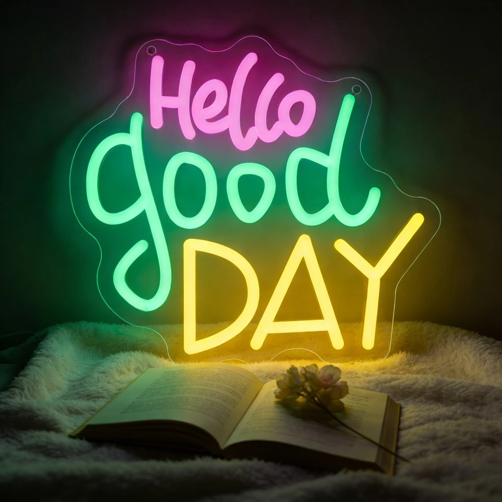 

Неоновая вывеска «Hello Good Day» для декора дома, диммируемая светодиодная неоновая лампа для спальни, гостиной, кафе, USB-светильник для мотивационного декора стен