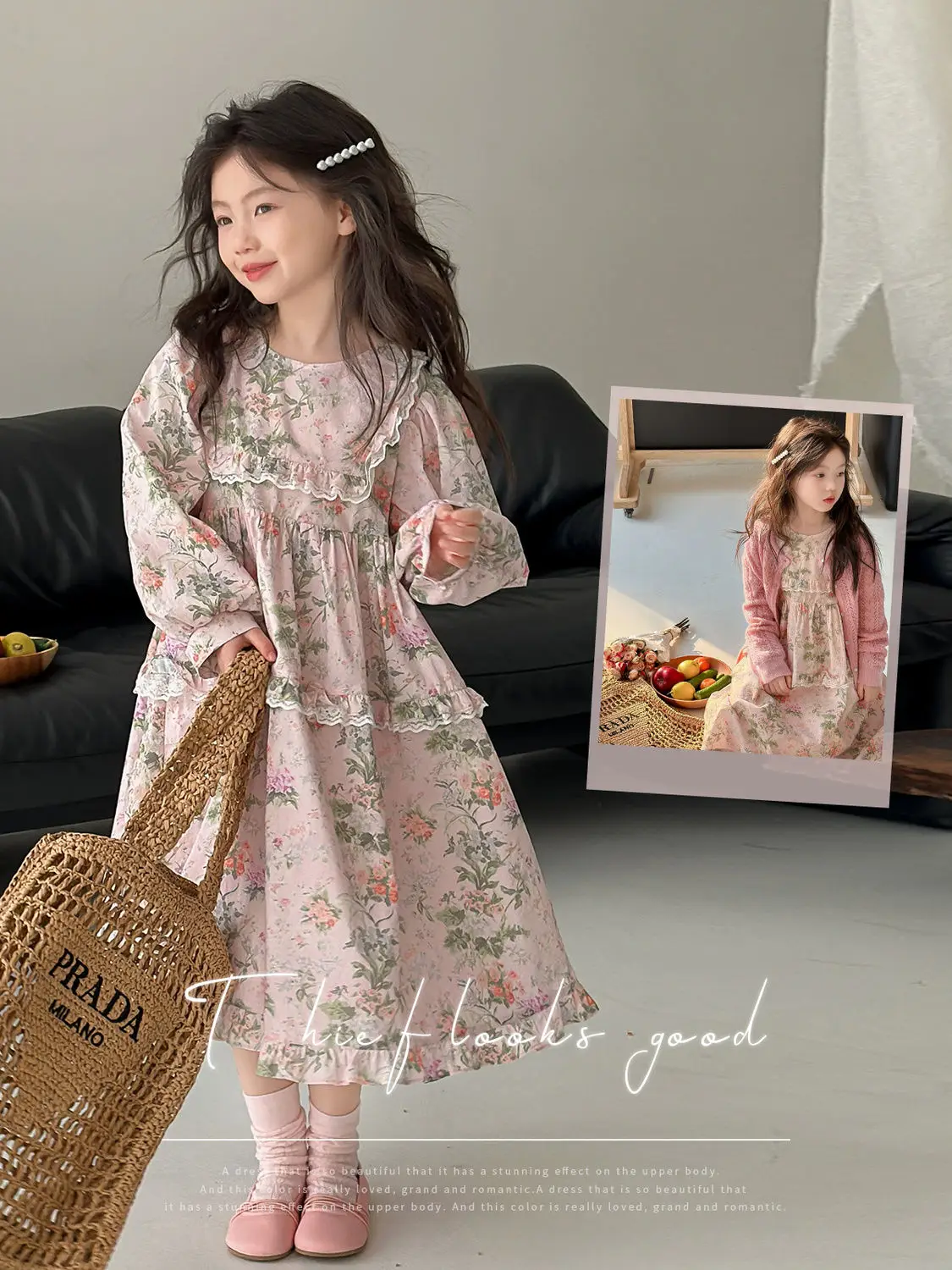 

Girls Spring Dress 2025 New Fashionable Children Sweet Floral Dress Girls Peter Pan Collar Princess Long Dress