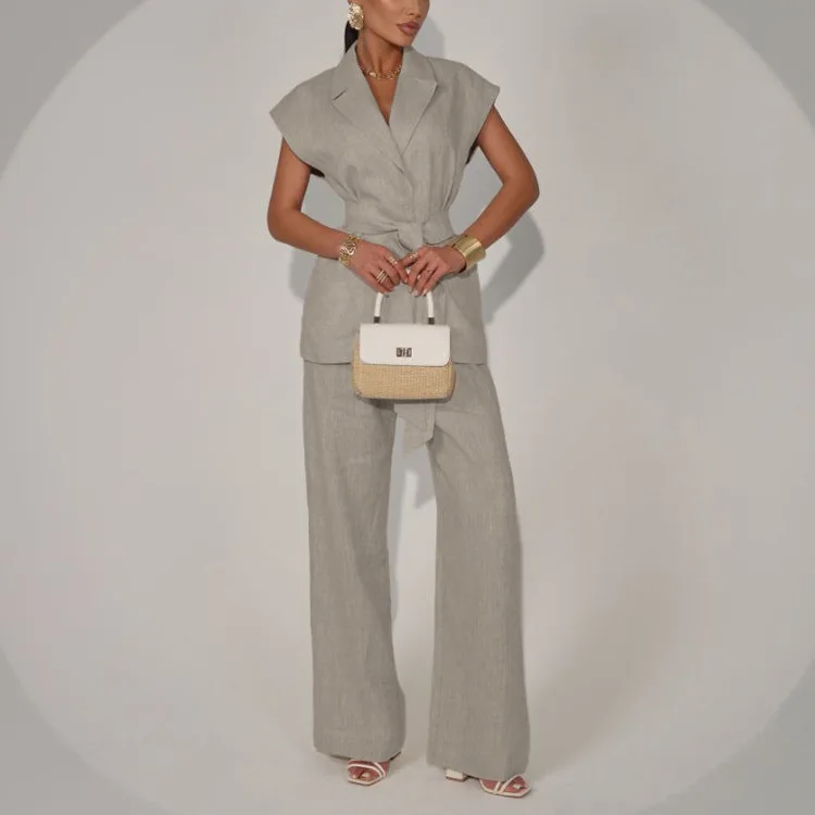 Vintage Eleganter Einfarbiger Schicker Damenanzug Ärmelloses Damen-Oberteil mit Gürtel Hochgeschnittene Weite Hose Neue Mode 2026 Sommer Damen-Sets