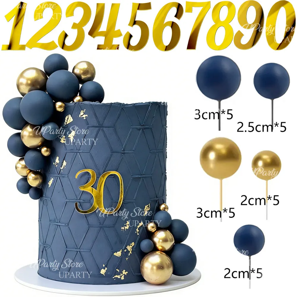35 Stück Acryl-Zahlen-Kuchendekoration Marineblau Gold Kuchenbälle 0-9 Zahlen-Topper für Geburtstag Vatertag Jubiläum Kuchendekoration – Detail 2