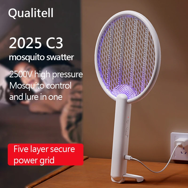 Qualitell C3 Electric Mosquito Swatter Rechargeable Handheld LED Killer Insect Fly Wall-mounted Mosquito Trap Killing Dispel