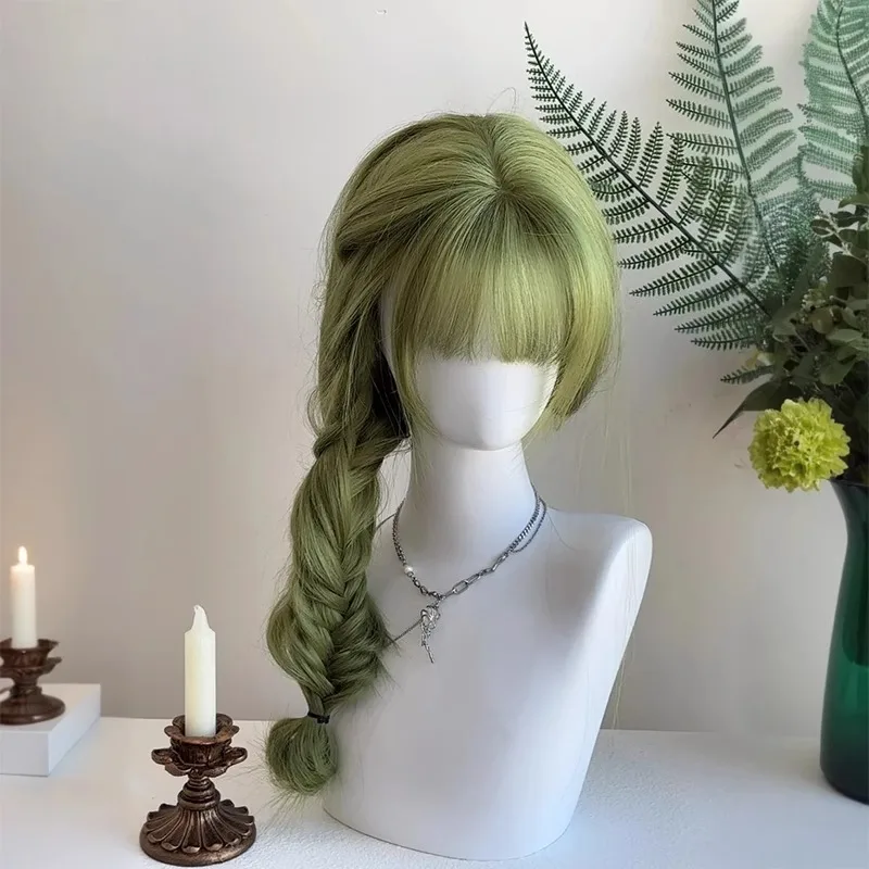 High Density Synthetic Long Straight Green Wig for Women Daily Party Mori Girl Lolita Hair Wigs with Curtain Bangs