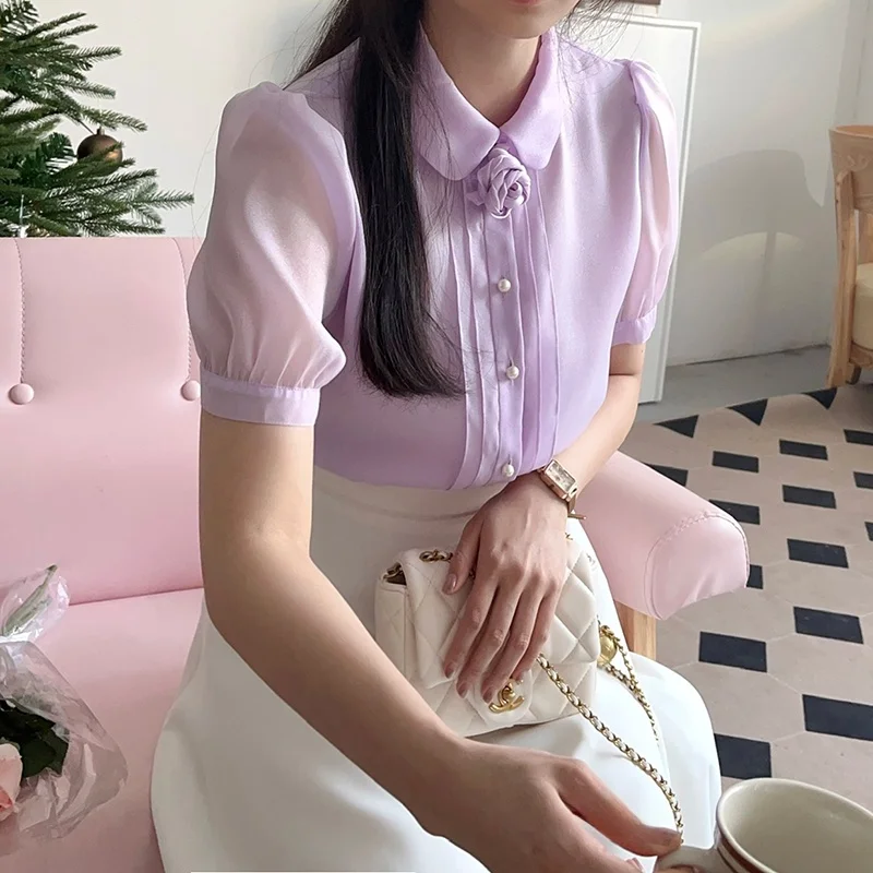 

Ele Romantic High-End ort-Sve irt for Women with Bow Tie Pearl Sensation Light Veil Small Collar