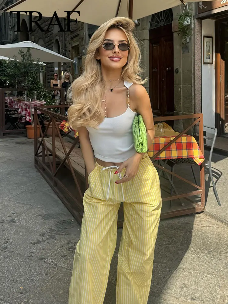 

TRAFZA Woman High Waist Loose Slim Trousers 2024 Women Elastic Waist Side Pockets Stripe Decorate Casual Wide Leg Pants TRAF