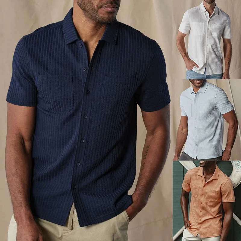 2025 Summer New Men's Textured Shirt Short Sleeve Casual Loose Wrinkled Pocket Shirt Top