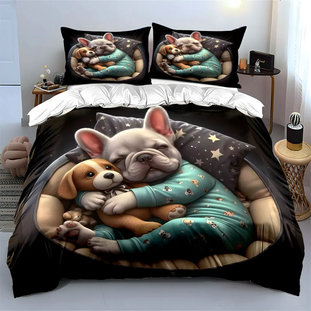 French Bulldog in pajamas hugging toy Print Soft Comfortable Duvet Cover Bedding Set Included 1*Duvet Cover  2*Pillowcases
