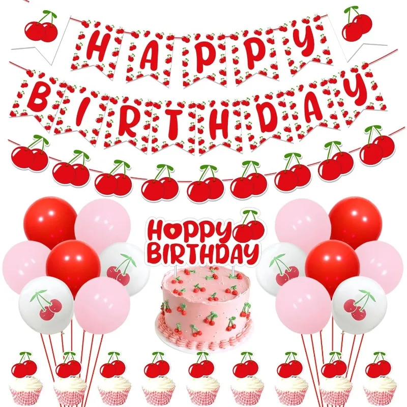 

Cherry Themed Birthday Party Decor Happy Birthday Baner Glitter Cherry Garland Banner Cupcake Toppers Cake Topers Latex Balloon