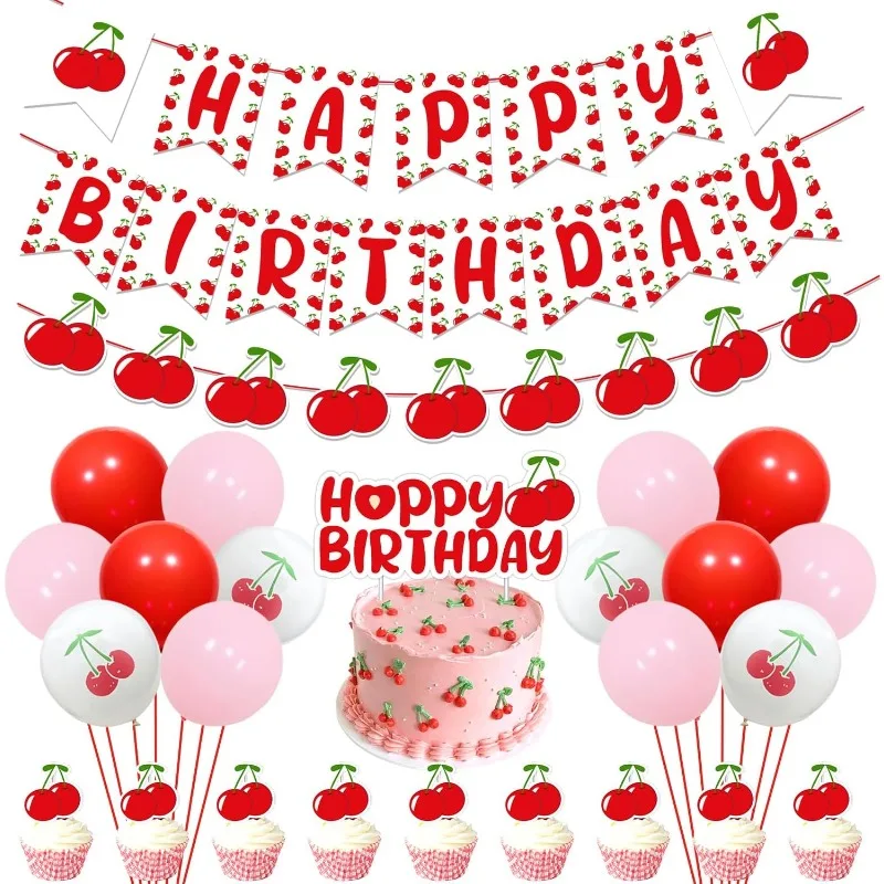 Cherry Themed Birthday Party Decor Happy Birthday Baner Glitter Cherry Garland Banner  Cupcake Toppers Cake Topers Latex Balloon