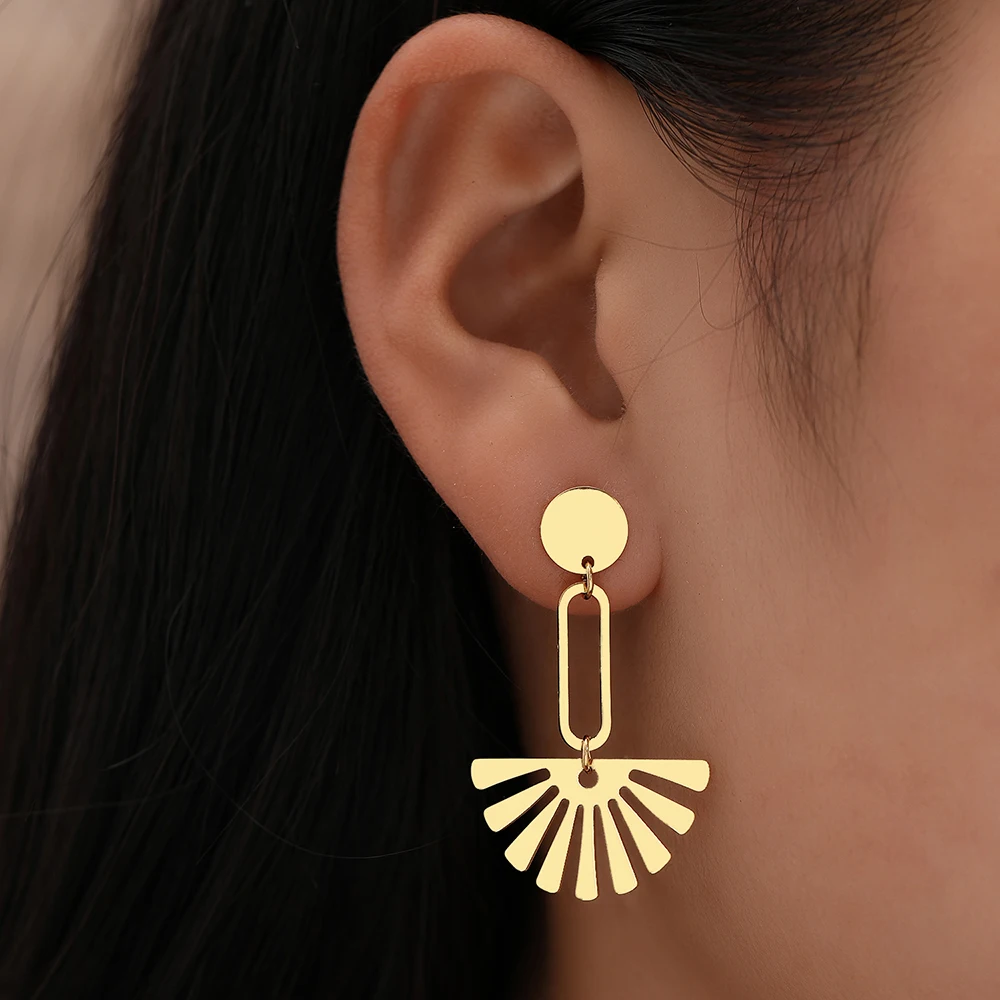 Stainless Steel Earrings Circular Paper Clip Design Fan Vintage Exquisite Fashion Pendants Earrings For Women Jewelry Girls Gift