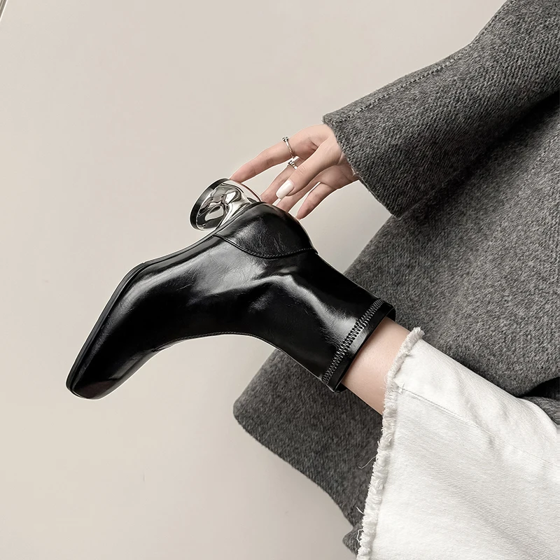 

Autumn Winter New Spilt Leather Simple Women Ankle Boots Square Head Side Zipper Strange Heels Ladies Office Dress Short Booties