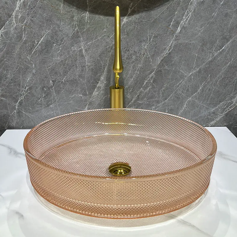 

Transparent pink crystal glass countertop basin, light luxury artistic washbasin, household oval dense grid washbasin GN553SC