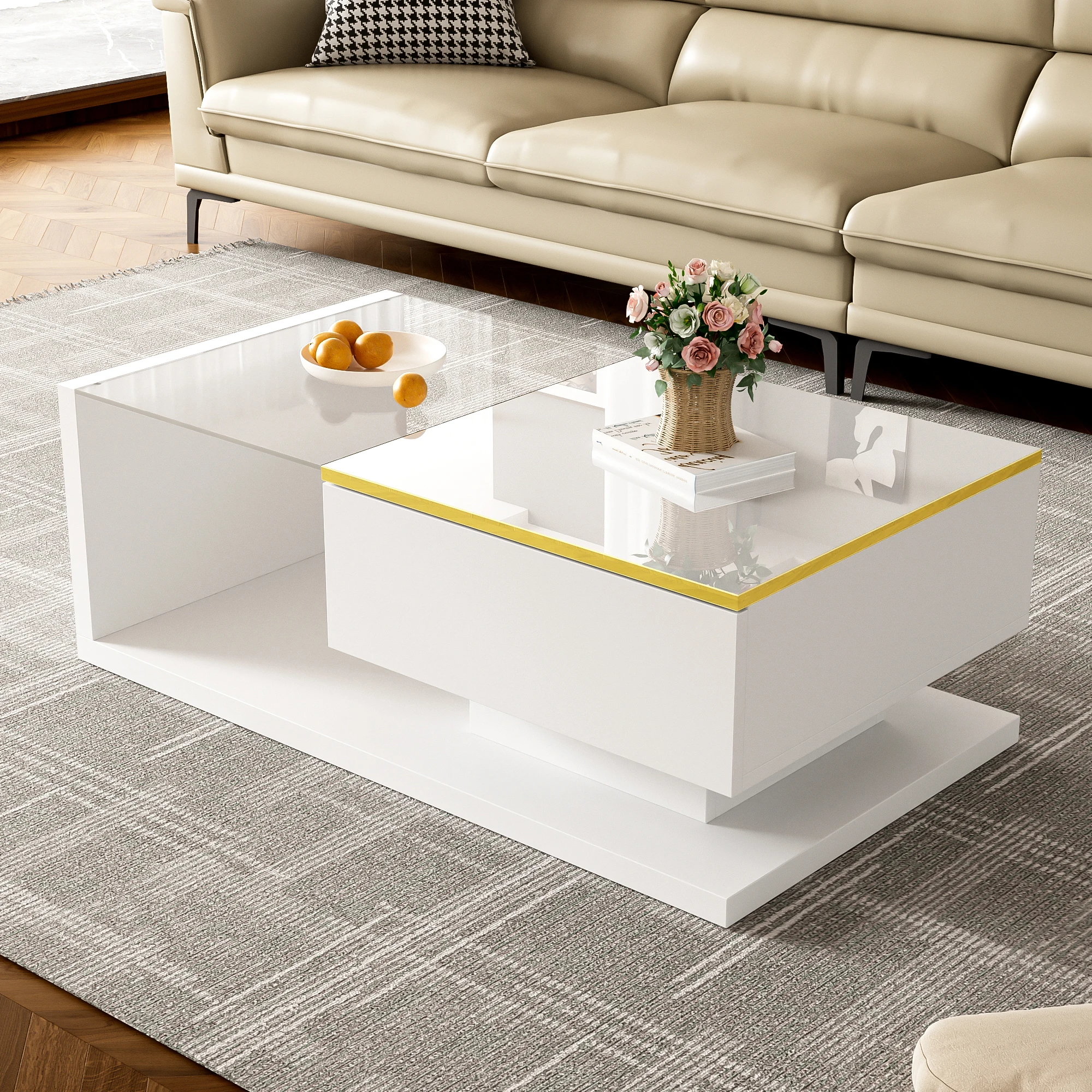 Table basse moderne rectangulaire avec LED multicolores et plateau en verre trempé, blanc