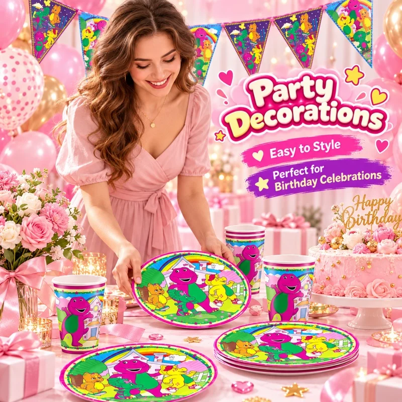 Barney Teller Tasse Dreieckige Flagge Happy Birthday Party Dekoration Einweg-Tischgeschirr-Set Charakter-Drucke Bestseller-Zubehör – Detail 2
