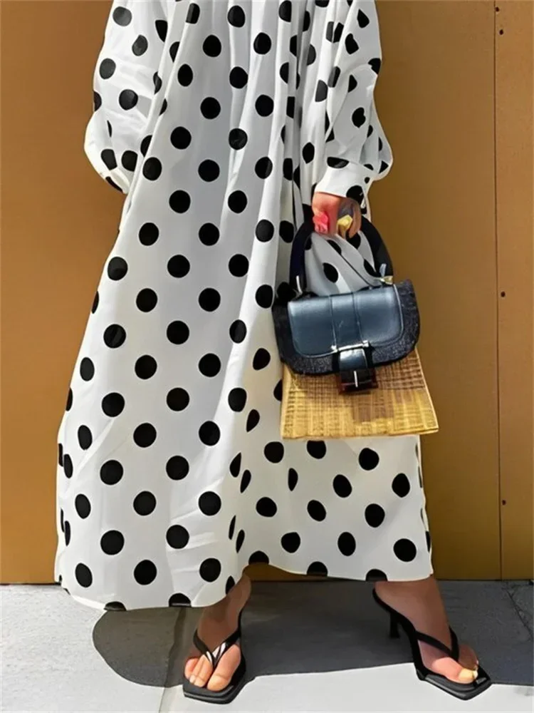 Lemongor Female Stylish Polka Dot Off-the-shoulder Vacation Dresses 2024 New Spring Long Sleeve Loose Casual Korean Dress