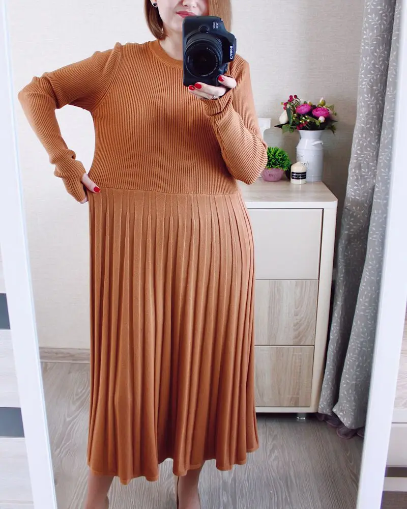 GIGOGOU Chic Long Knit Women Maxi Sweater Dress O Neck Winter Thick Warm A Line Dresses with Belt Woman Pleated Midi Dress