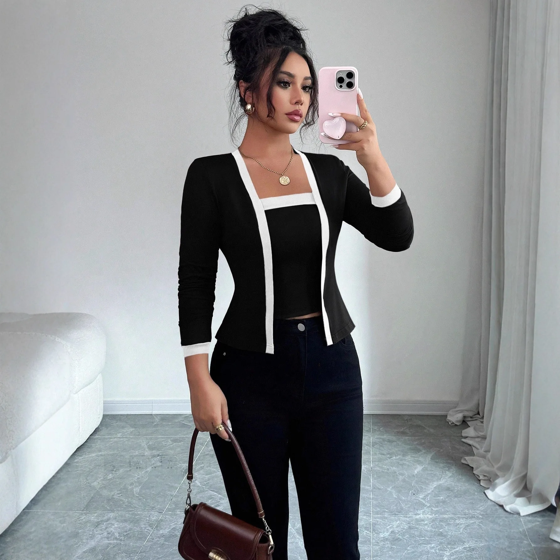 

Women's Knitted Two-piece-set Autumn Patchwork Elegant Cardigan Jacket and Vest Tops Women's Commuting Office T-Shirt Clothes