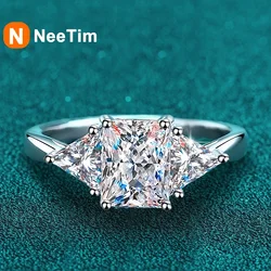 NeeTim Emerald Cut 3ct Full Moissante Wedding Rings for Women Lab Grown Diamond Promise Band Plated Platinum Marriage Rings GRA