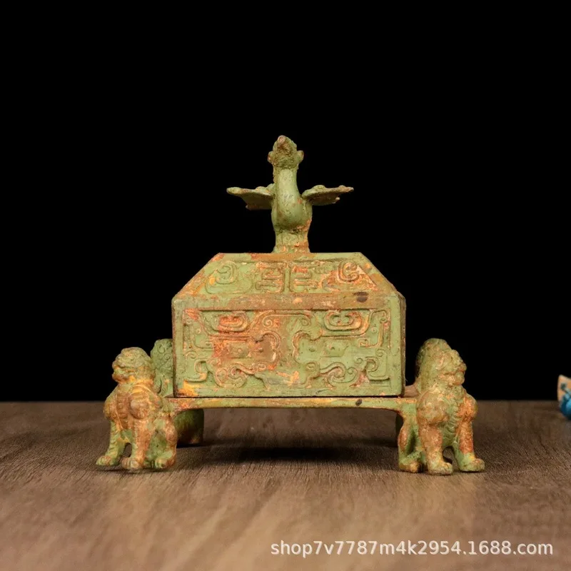 Brass alloy craft item: Quadrilateral beast-footed Vermilion Bird incense burner, home decoration ornament