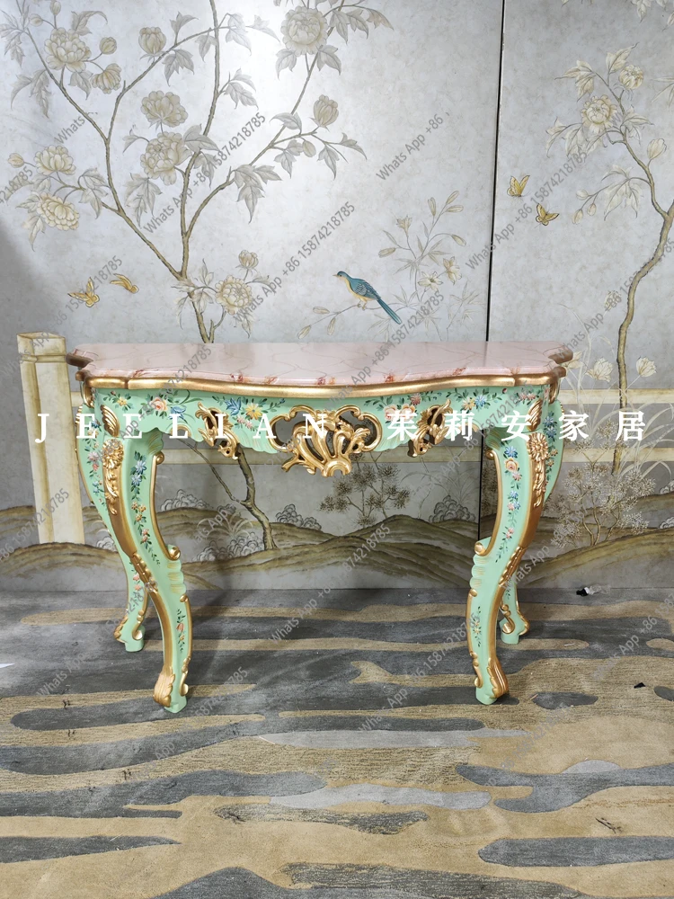 European luxury hand-painted solid wood heavy industry engraving gold painting green blue purple curved edge Xuanguan platform