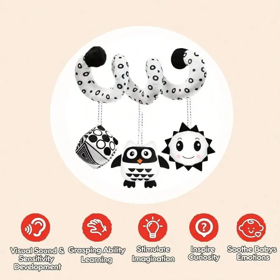 Poussette suspendue en spirale pour bébé, 1 pièce, jouets de siège de voiture, jouet sensoriel à contraste élevé noir et blanc, jouets en peluche pour nouveau-né, cadeaux pour bébé