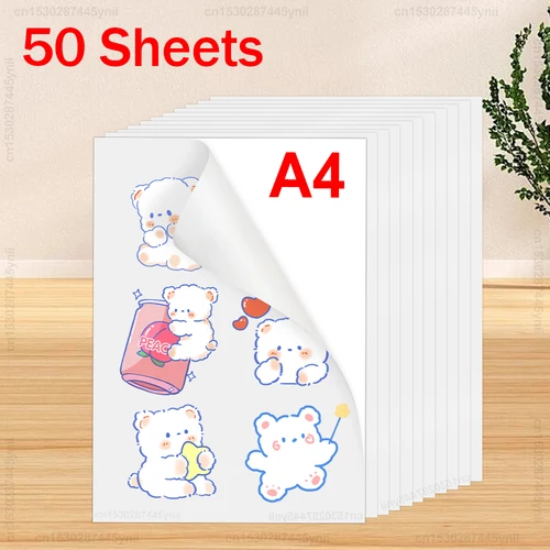 Papel adhesivo de vinilo imprimible transparente, hoja de papel autoadhesiva blanca brillante A4 para impresora de inyección de tinta, etiqueta adhesiva DIY, 20/50PK