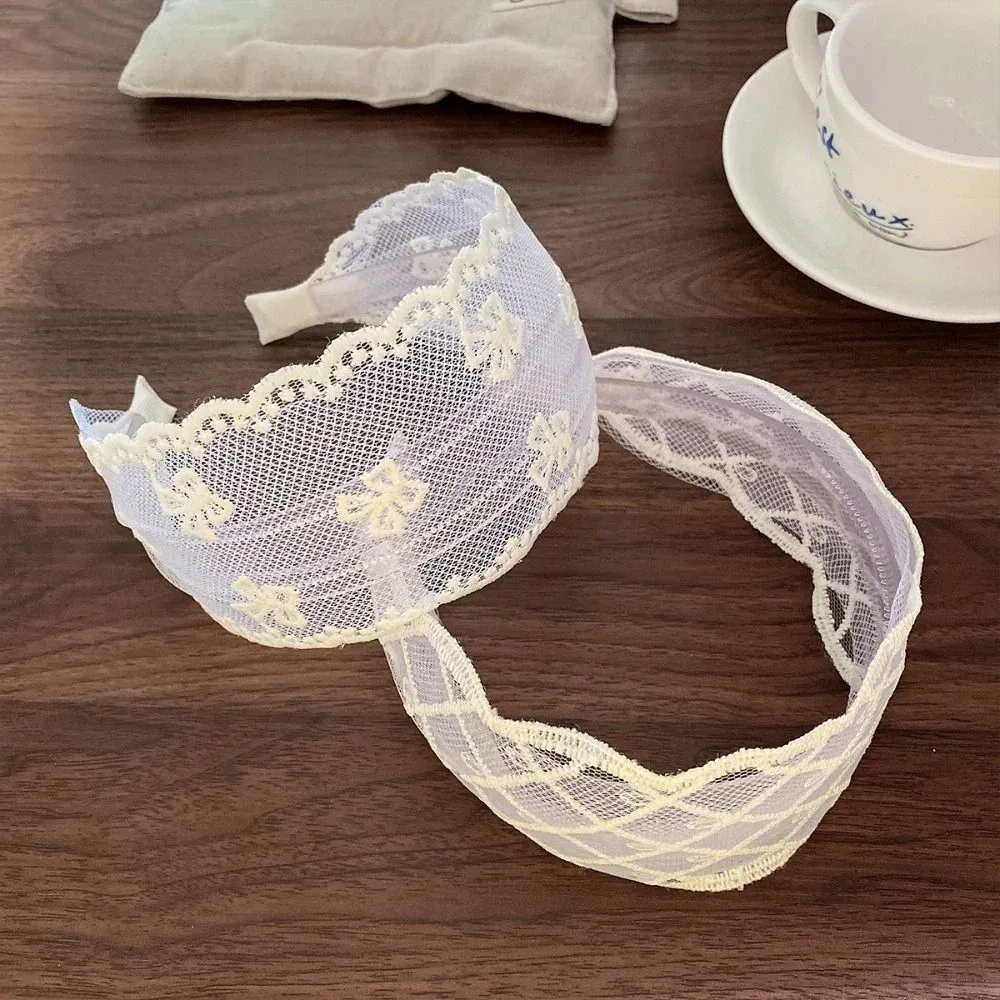 

Милая повязка для волос в корейском стиле с вышивкой и кружевом, широкая повязка с бантом, аксессуар для волос, сетчатый ободок-бант, головной убор