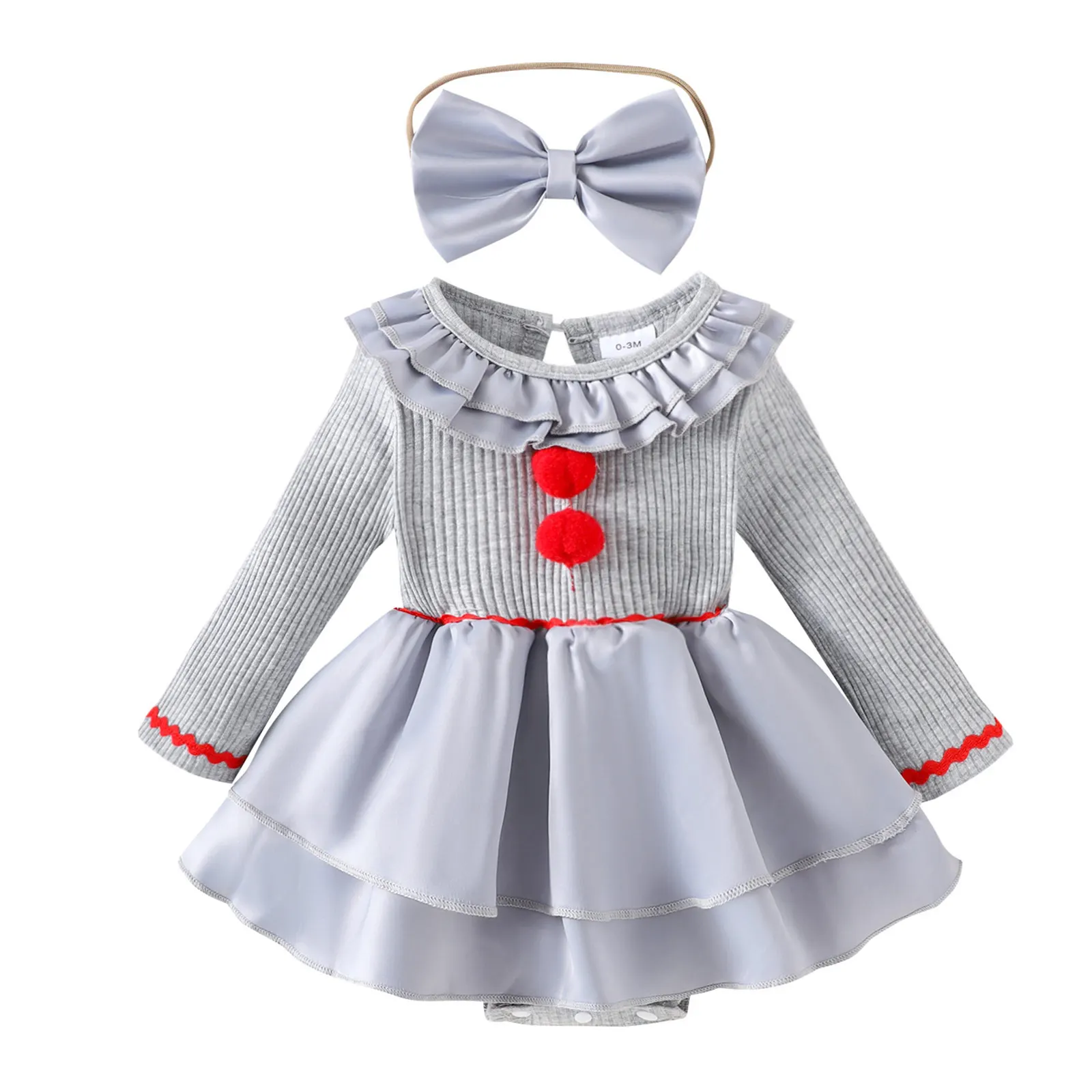 

Little Girls Gray Clown Costume Halloween Carnival Party Circus Creepy Joker Cosplay Dress Long Sleeve Layered Ruffled Rompers