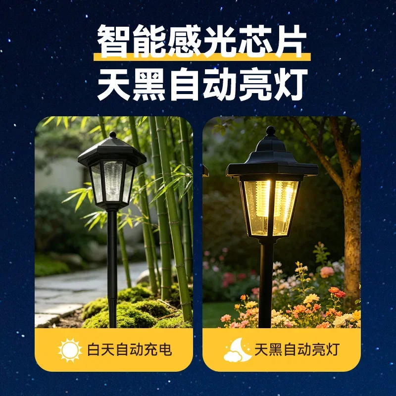 Solar Hexagonal Palace Garden Stake Light Outdoor Waterproof Lawn Pathway Decor Lamp Auto On Off Dusk To Dawn With Solar Panel
