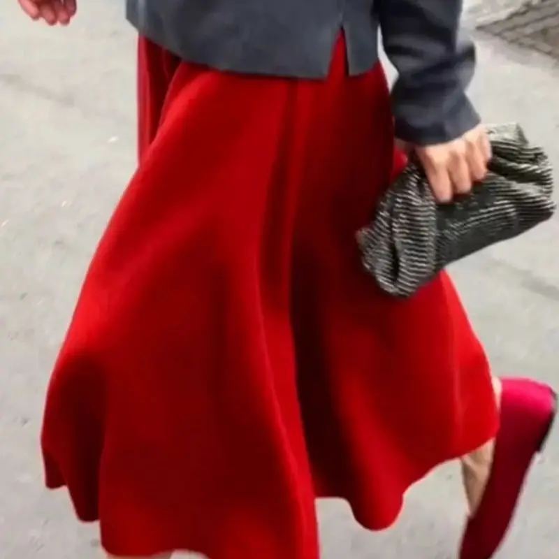 New French Fashion Loose Skirt Women Fashion Red A-Line Autumn Winter High Waist Casual Woolen Skirts Solid Color Jupe