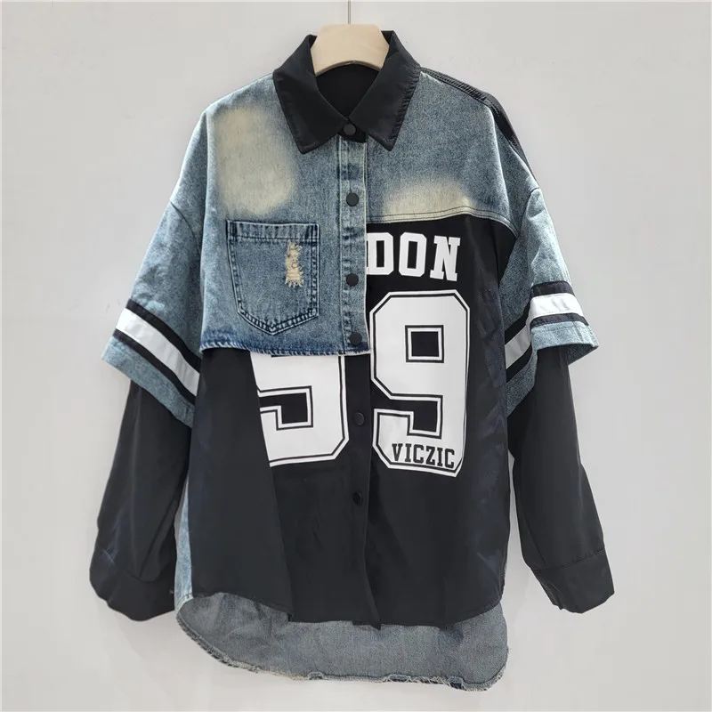 American Retro Denim Spliced Shirt Jacket Women 2025 Spring Autumn New Fashion Trend Print Loose Versatile Jacket Long Sleeve