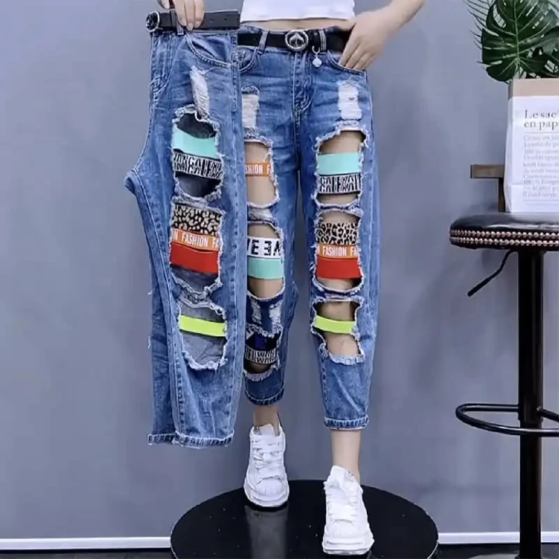 

Streetwear Women Design Sense Ripped Jeans Tide Spring Summer High Waist Straight Chic Nine Points Pants Female Korean Fashion