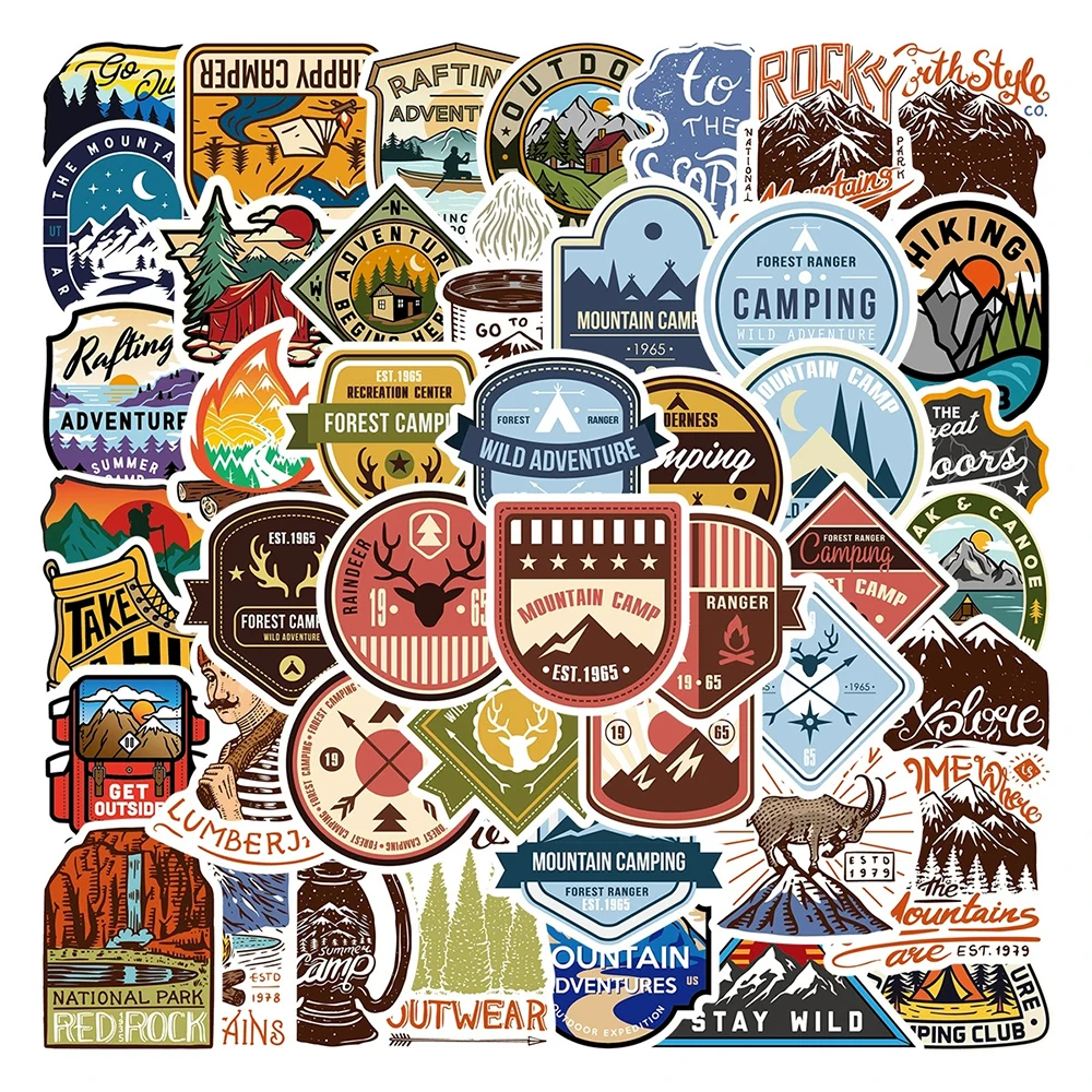 

10/30/48pcs Outdoor Camping Hiking Cartoon Stickers Wild Adventure Decals DIY Scrapbook Phone Skateboard Funny Graffiti Sticker