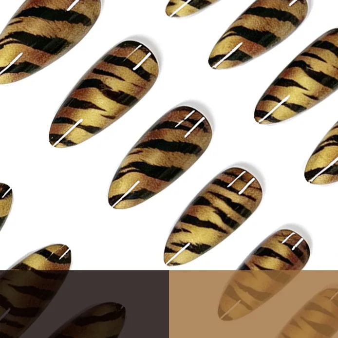 24 pieces of high-end retro black and gold tiger-pattern long almond-shaped nail art for fall and winter