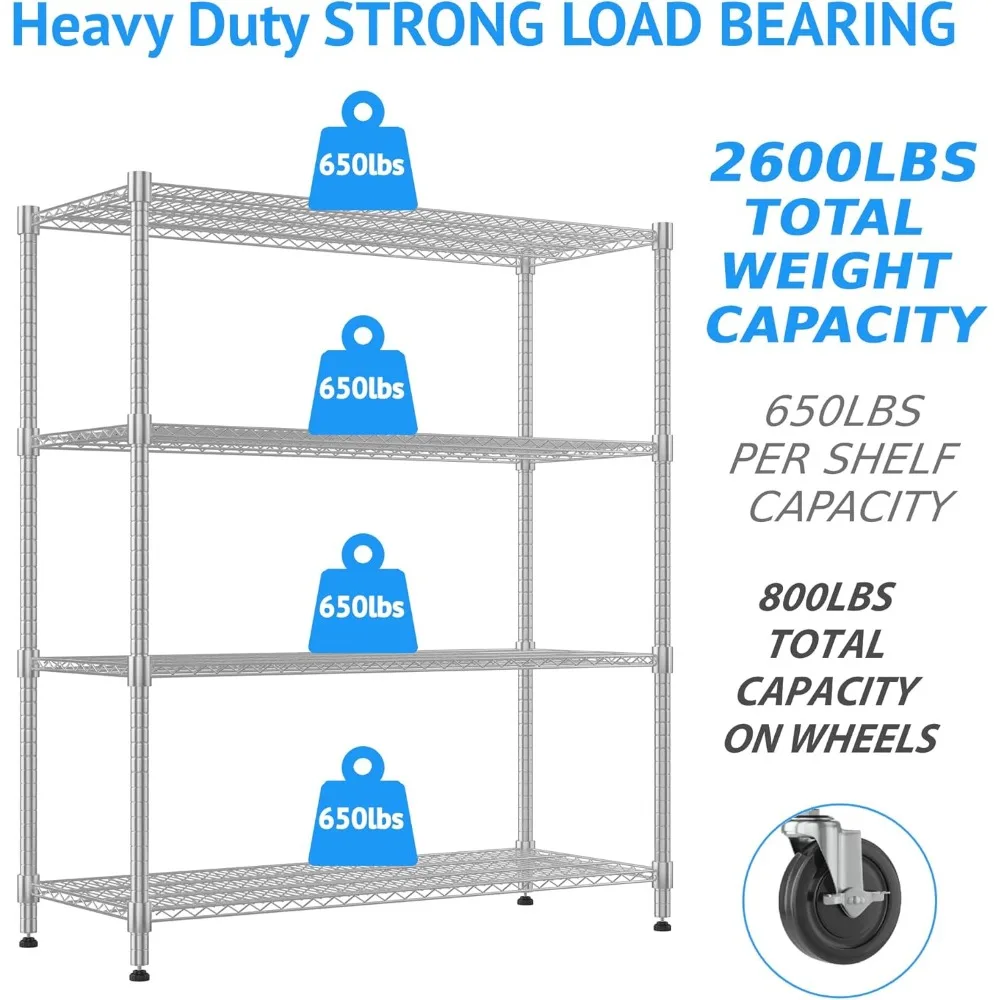 Étagères métalliques robustes pour le rangement, supports et étagères de rangement à 4 niveaux, étagère commerciale réglable en fil métallique sur roulettes