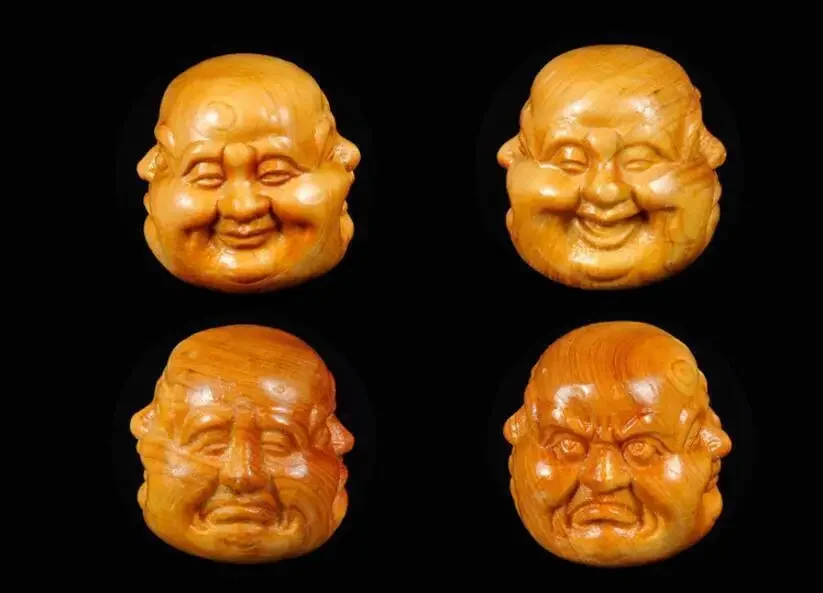 1pcs Chinese Wood 4 Face Happy Angry Sad Joyous Maitreya Buddha Head Statue