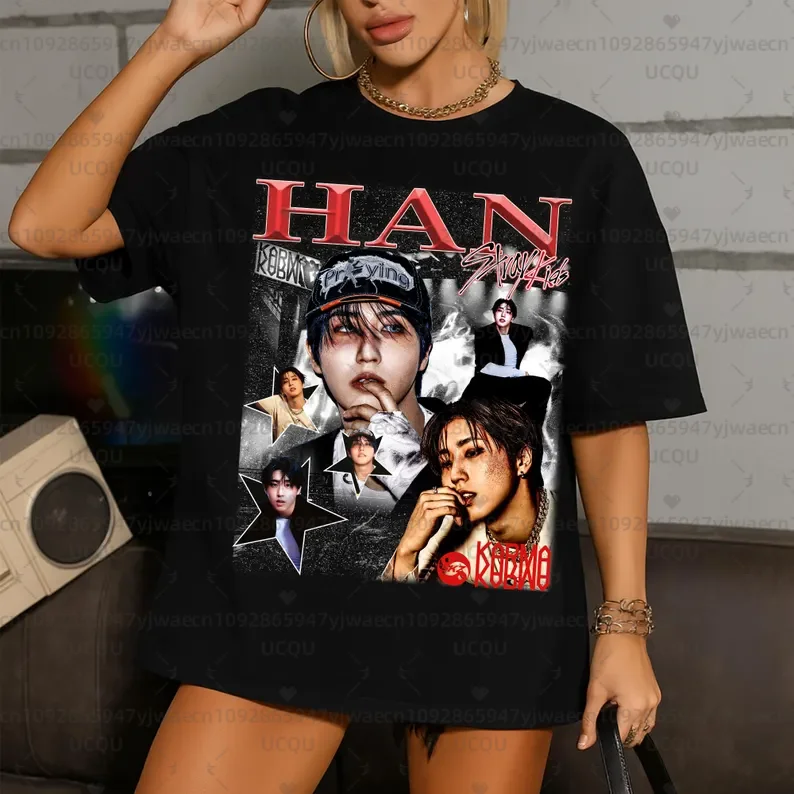 Vintage Bang Chan Felix Kpop Muster T-Shirt Kurzarm Unisex Casual Herren Damen Rundhals T-Shirt Tops