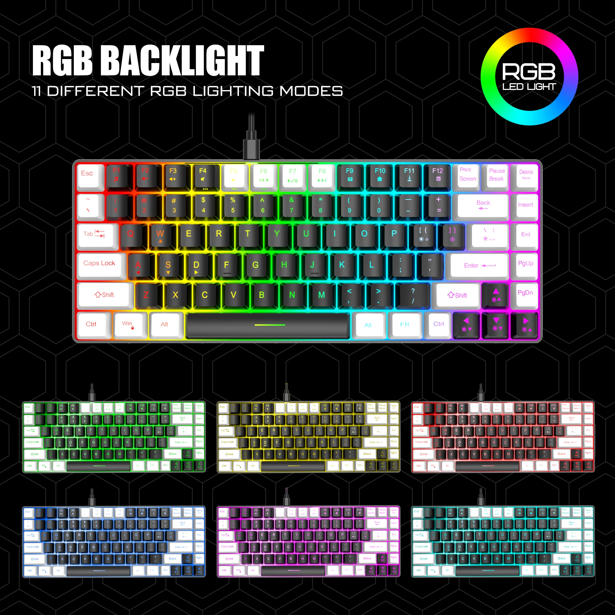 G84 Wired computer keyboard 84 key RGB Luminescent pluggable cable keyboard character Luminescent color keyboard