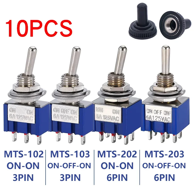 10pcs MTS-102 103 MTS-202 203 Toggle Switch 6A 125VAC on on SPDT 6mm Mini Switch DPDT on off on Waterproof Cap